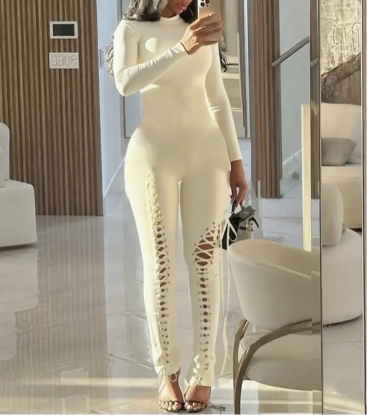 Close Ties Long Sleeve Lace Up The Leg Jumpsuit