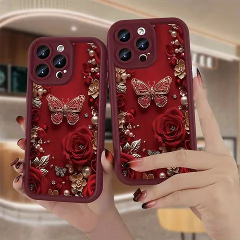 Red Flexible TPU Smartphone Case - 2D Floral Rose Flower Print, Shockproof Protection Cellphone Accessory for iPhone 17,16,15,14,13,12,11 Plus Pro Max, Ideal New Year Holiday Gift