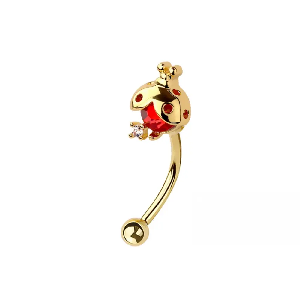 Red CZ Crystal Ladybug Top Curved Eyebrow Barbell - 316L Stainless Steel