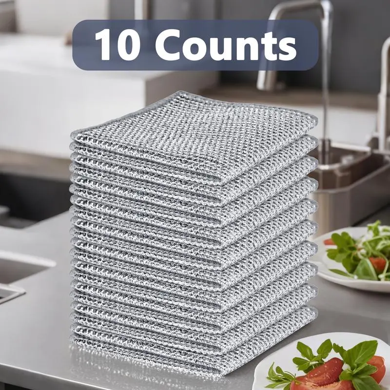 10-Count Scratch-Resistant Wire Mesh Dish Scrubbers, Reusable Polyester Dishcloths, Wet & Dry Multipurpose Kitchen Sponges & Scouring Pads