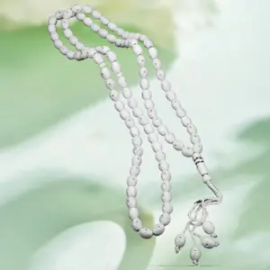 Islamic 99-Round Acrylic Prayer Beads Necklace, White Oval Plum-Flower Design, Hand-Knotted Handheld Ramadan Fashion Costume Accessory