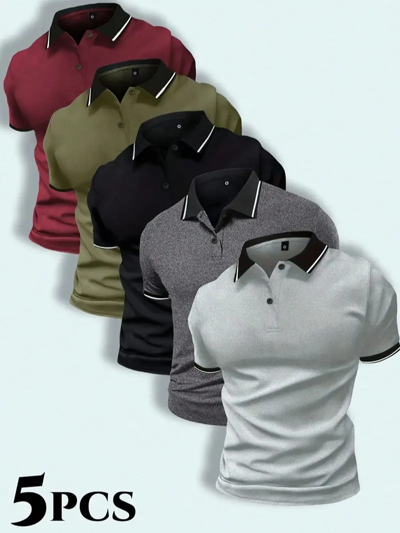 Men's 5-Piece Premium Menswear Short-Sleeve Top Set - Button Collar, High Stretch Mixed Color Knit Polo Shirts, Tropical Polyester Fabric, Single-Layer Flat Design, Ideal for Summer Workwear Formal Occasions, Shortsleeve, Button Set Polo Shirts, Tops, Fit