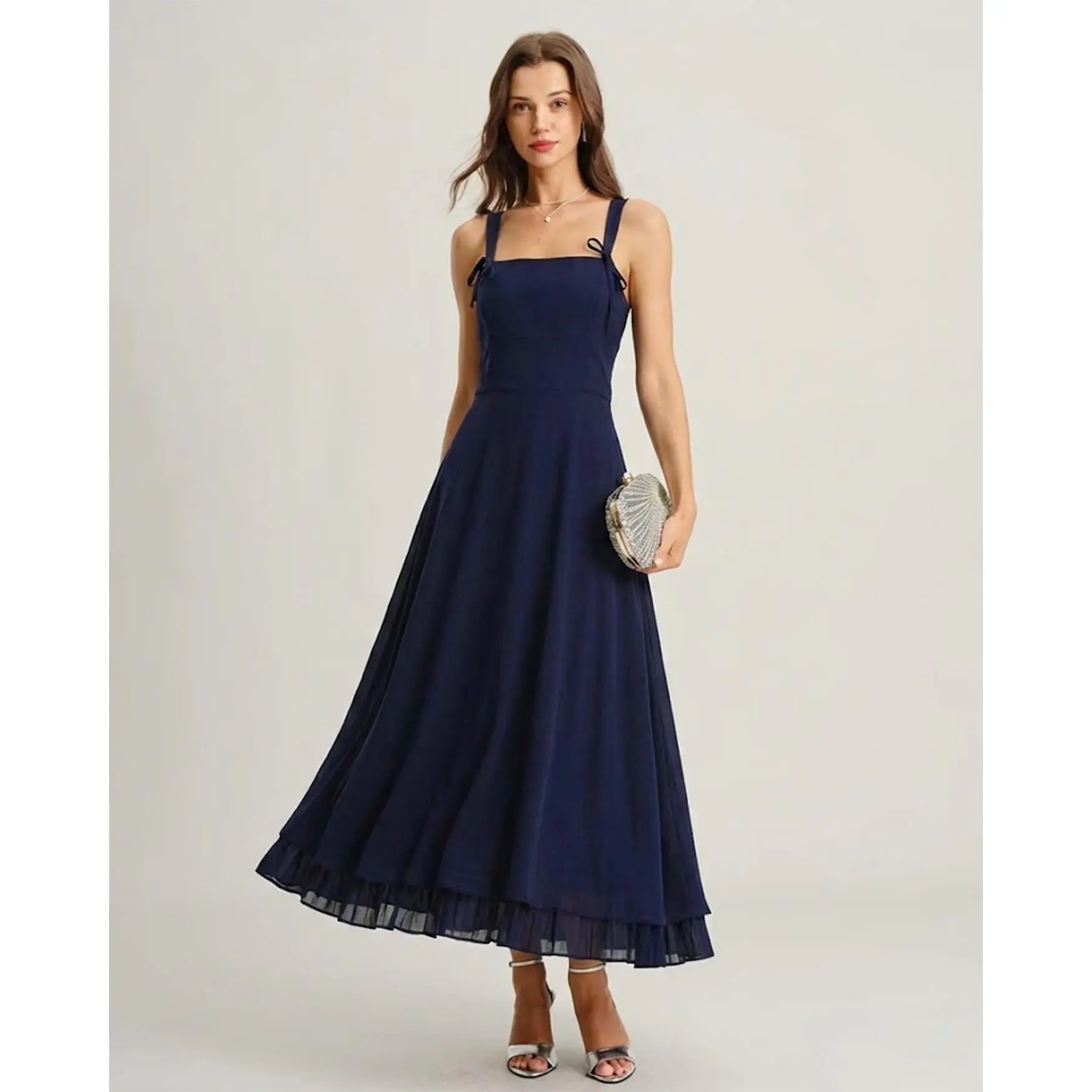 RIHOAS Women's Ready to Wear Elegant A-Line Formal Gown, Sleeveless Maxi with Square Neck and Ruched Tie Back for Wedding Guest & Going Out