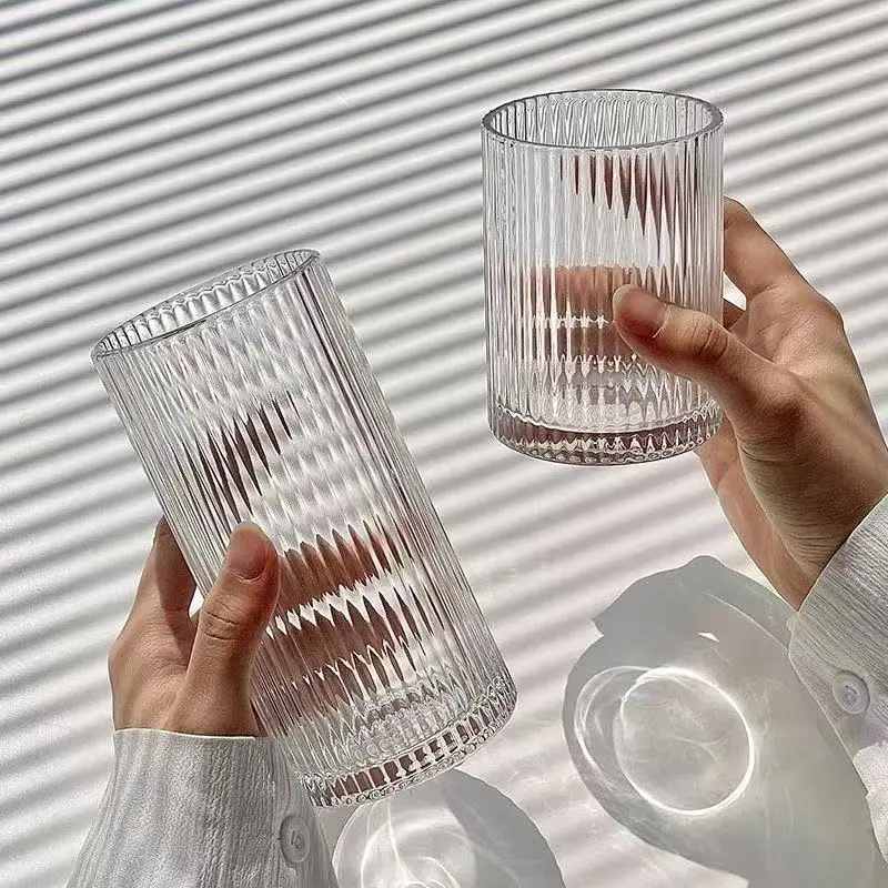 Clear Vertical Striped Glass Tumbler, Thickened Transparent Water Cup, Vintage Iced Coffee Juice Beverage Drinking Glass