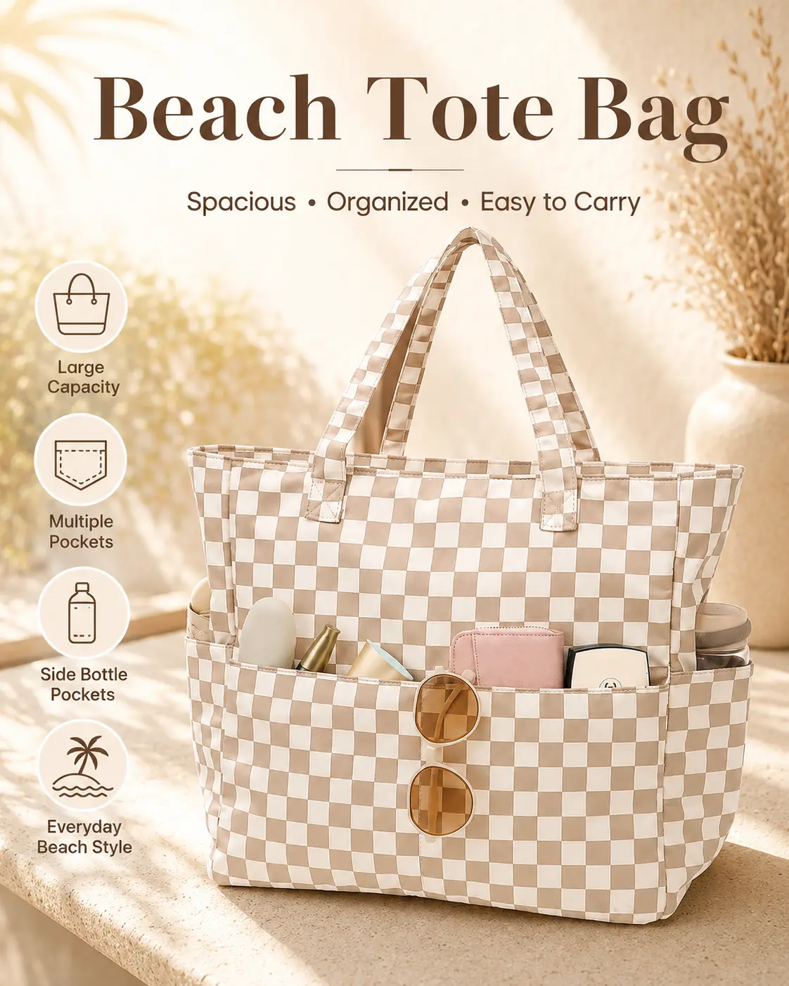 Large Beach Tote Bag for Women, Water-Resistant Sand-Resistant Pool & Travel Bag with Zipper Closure, Wet Pocket, Lightweight Quilted Design, Multi-Pocket Tote for Beach, Swim, Gym, Cruise, Grocery & Vacation
