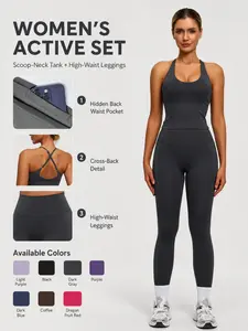 Women's 2 Piece Workout Set, Padded Halter Neck Tank Top, High Waisted Leggings, Hidden Back Pocket, Yoga Gym Running, All Seasons, Sportswear Set, Gym Sets, Fitness Outfits, Yoga Activewear, Gym Workout Clothes