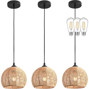 3 Pack Wicker Pendant Light  Woven Pendant Light Boho Chandelier Light Fixture Dome Rustic Farmhouse Pendant Lights Rattan Light Fixture for Dining Room Kitchen  (Bulb Incl.)