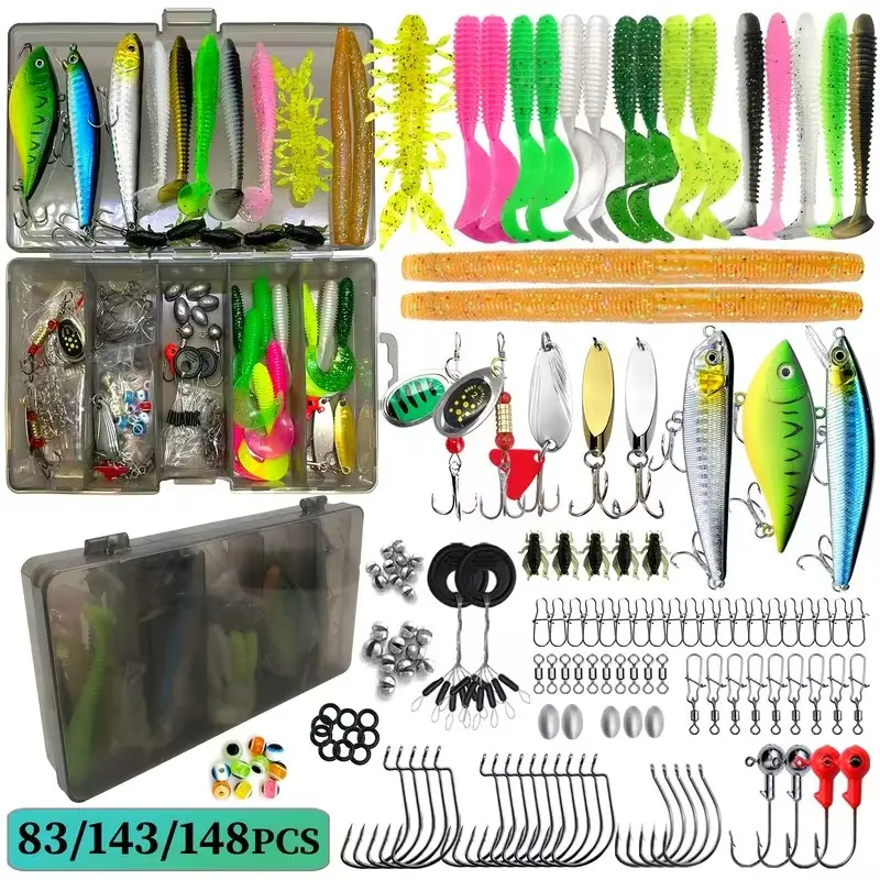 Beginner Fishing Lure Set, Fishing Lure Kit, Includes Hard Bait, Soft Bait, Worms, Hooks, Full Water Use, Complete Fishing Gear with Box, Fishing Tackle, Fishing Equipment, Perfect Gift