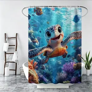 1/4 piece 2D flat printed turtle design shower curtain set, waterproof polyester fiber, including toilet cover and anti slip carpet, U-shaped pad, optional single shower curtain, essential for home decoration