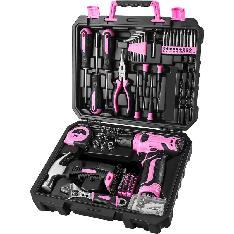 126-Piece Pink Power Tool Set - 8V Cordless Drill, Rechargeable Battery, Complete Compact All-in-1 Household Tool Kit, Christmas Gift for Home Repairs & DIY Projects, Complete Tool Set