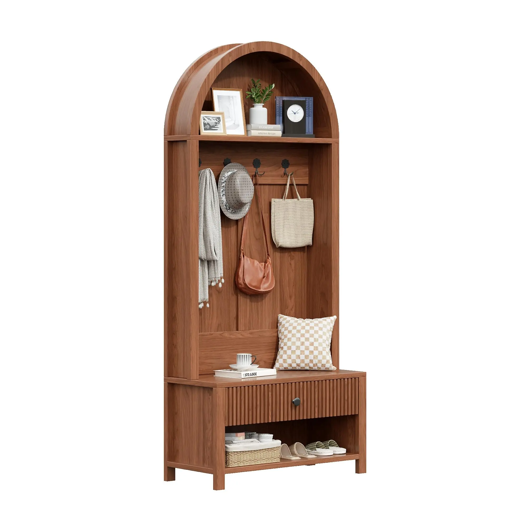 ZXVOIM Sturdy MDF Wood Freestanding Hall Tree, 4-in-1 Arch Organizer Furniture with Double Hooks, Drawer & Fluted Finish, 27.4"d x 11.81"w x 3.54"h, Assembly Required for Hallway, Entryway, Living Room, Modern Storage, Contemporary