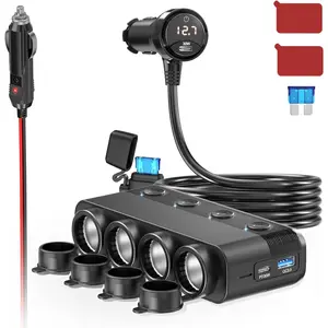 Cigarette Lighter Splitter,300W 4-Socket Car Charger Adapter with Dual PD30W Type C & QC18W USB，12V/24V Car Splitter Adapter with Independent Switches & LED Voltage Display for All Car Devices