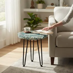 Handmade Epoxy Resin Ocean Table with Real Seashells Coastal Beach Decor Accent End Table for Living Room Modern Aesthetic