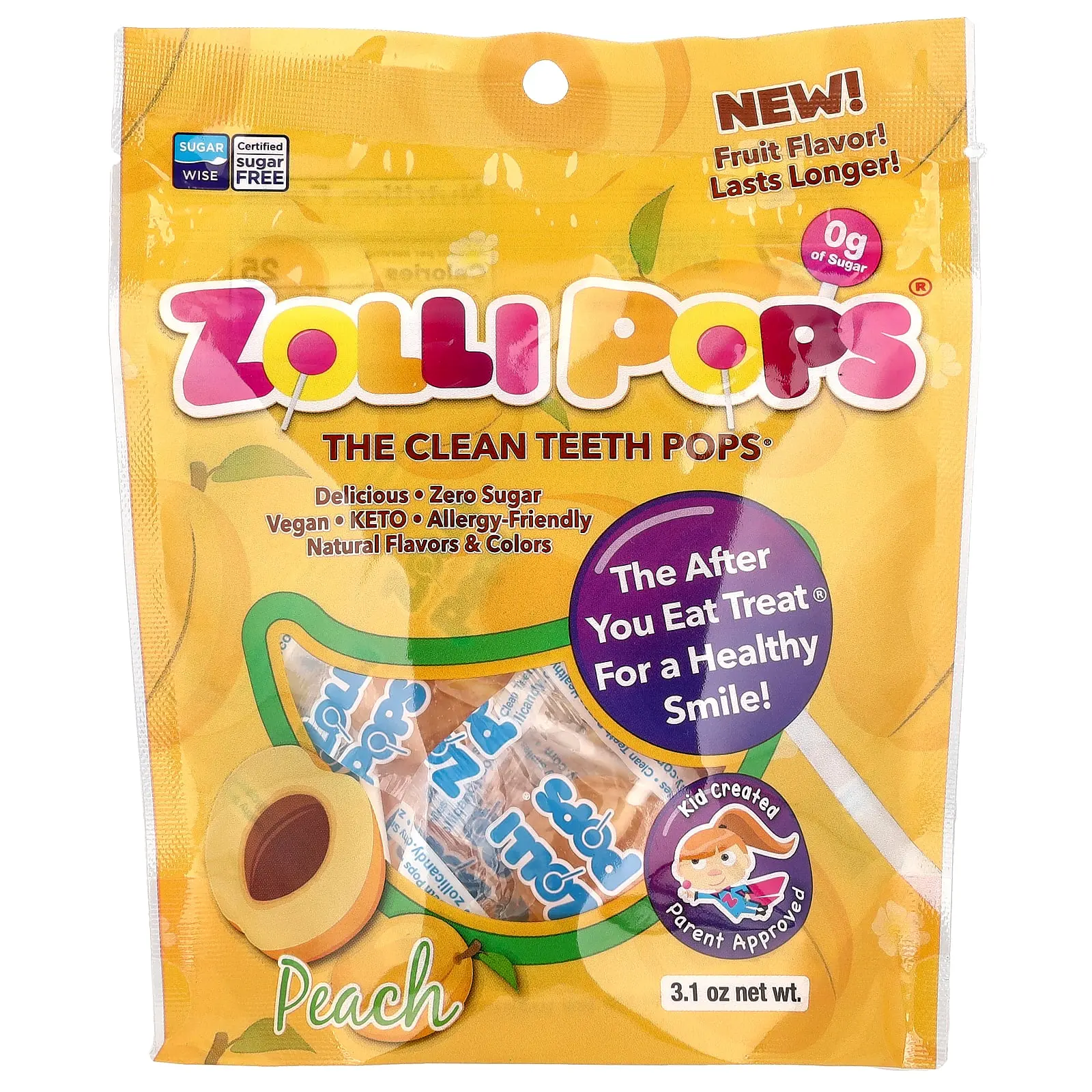 Zollipops The Clean Teeth Pops®, Peach, 3.1 oz (88 g)