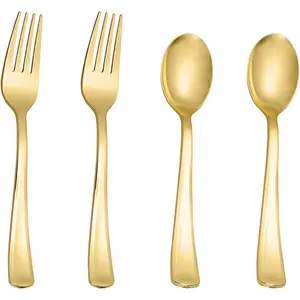 N9R 100pcs Gold Plastic Silverware, 50Pcs Gold Spoons and 50Pcs Forks Set, Heavy Duty Catering Cutlery For Parties,Dinners,Weddings