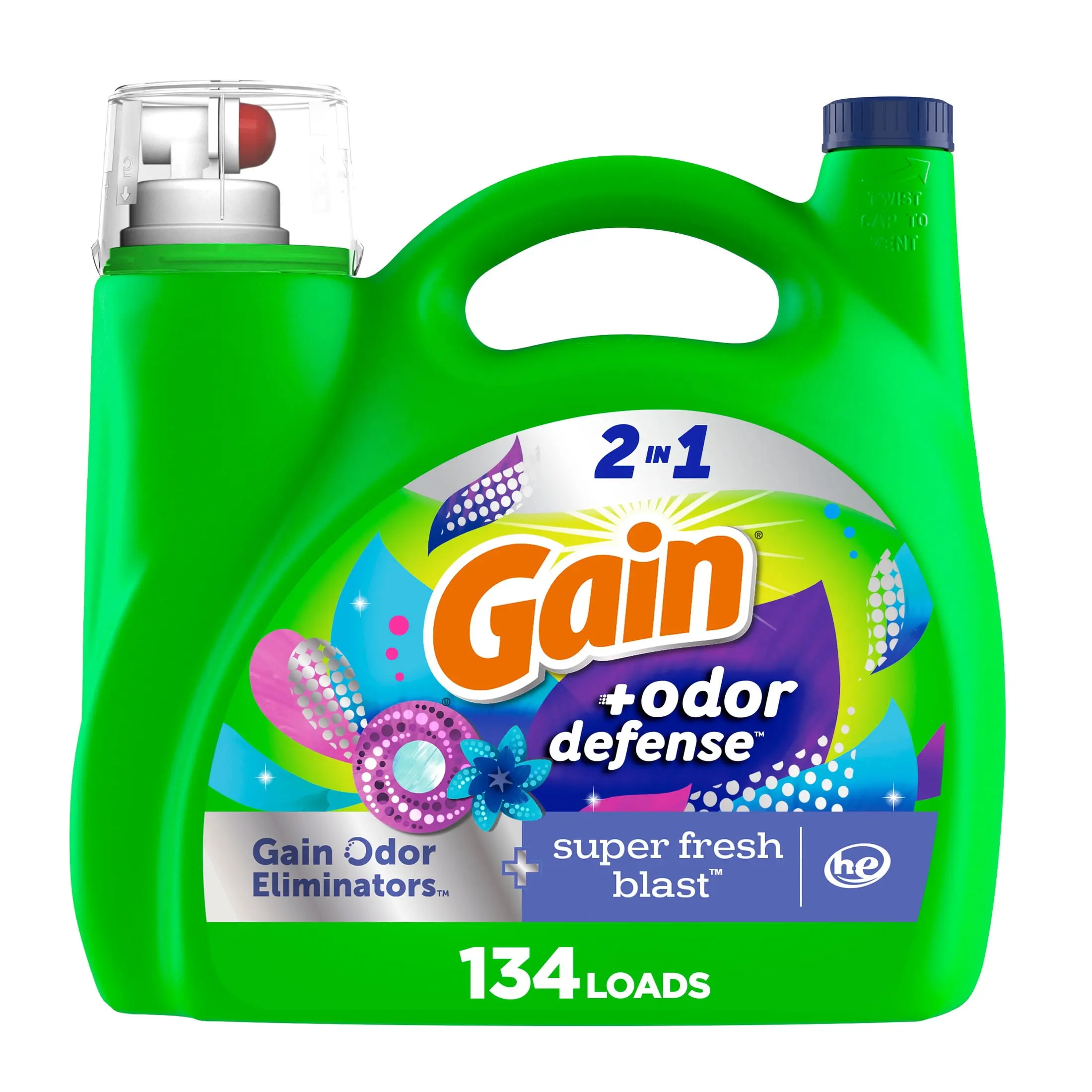 Gain Liquid Laundry Detergent Odor Defense, Super Fresh Blast Scent, 194 fl oz, 134 Loads