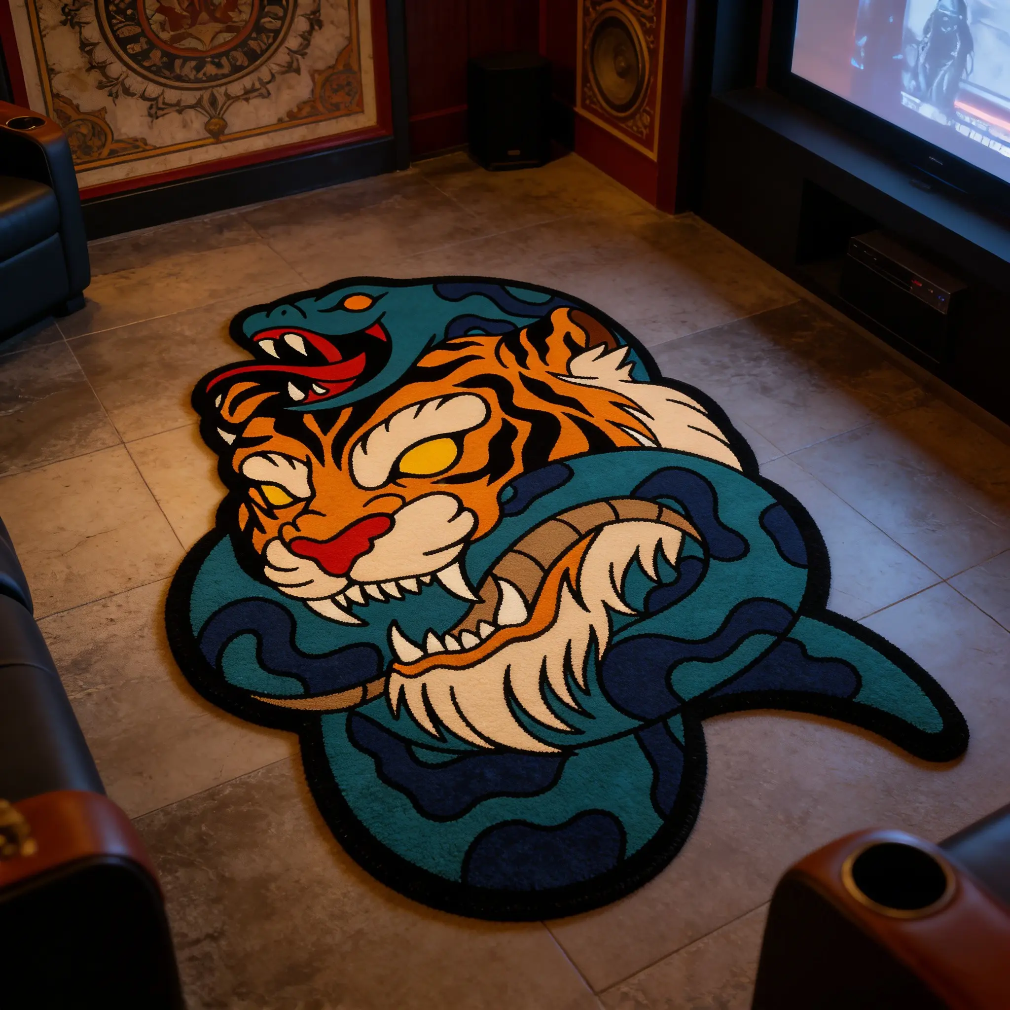 Vintage American Tiger Snake Pattern Carpet, Large Area Rug for Living Room Bedroom, Nordic Style Soft Washable Mat, Home Decor, Decorative Rug, Soft Washable Rugs