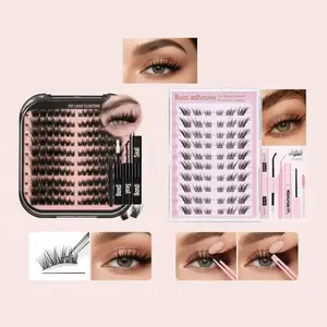 Curl Wispy & Self Adhesive Eyelashes Bundle, 1 Set PVC Fluffy Curl with Lash Bond Seal and 1 Box Rayon Mixed Length Clusters Kit with Glue Remover Brush Tweezers for Adults, Eyelash Extension Glue