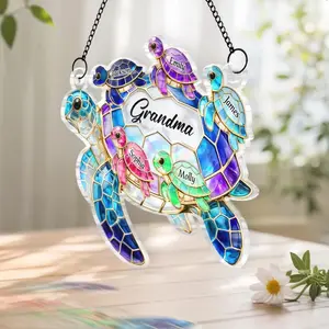 Personalized Turtle Suncatcher for Grandma, Custom Name Window Hanging Ornament, Mothers Day Gift for Mom Grandkids