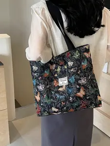 Women's Printed Canvas Handbag Shoulder Bag, Lightweight Fashion Crossbody Bag, Large Capacity Storage Bag, Casual Floral Embroidery Messenger Bag