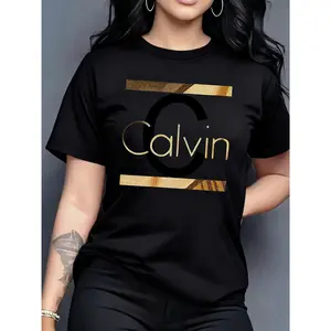 100% Cotton Calvin Women's Casual Short Sleeve Round Neck T-Shirt - Bold CALVIN Pattern Print and Gold Letter Geometric Pattern, Olive Green, Machine Washable Spring Summer Top, Smooth Fabric, Everyday Versatile, Fashion Design