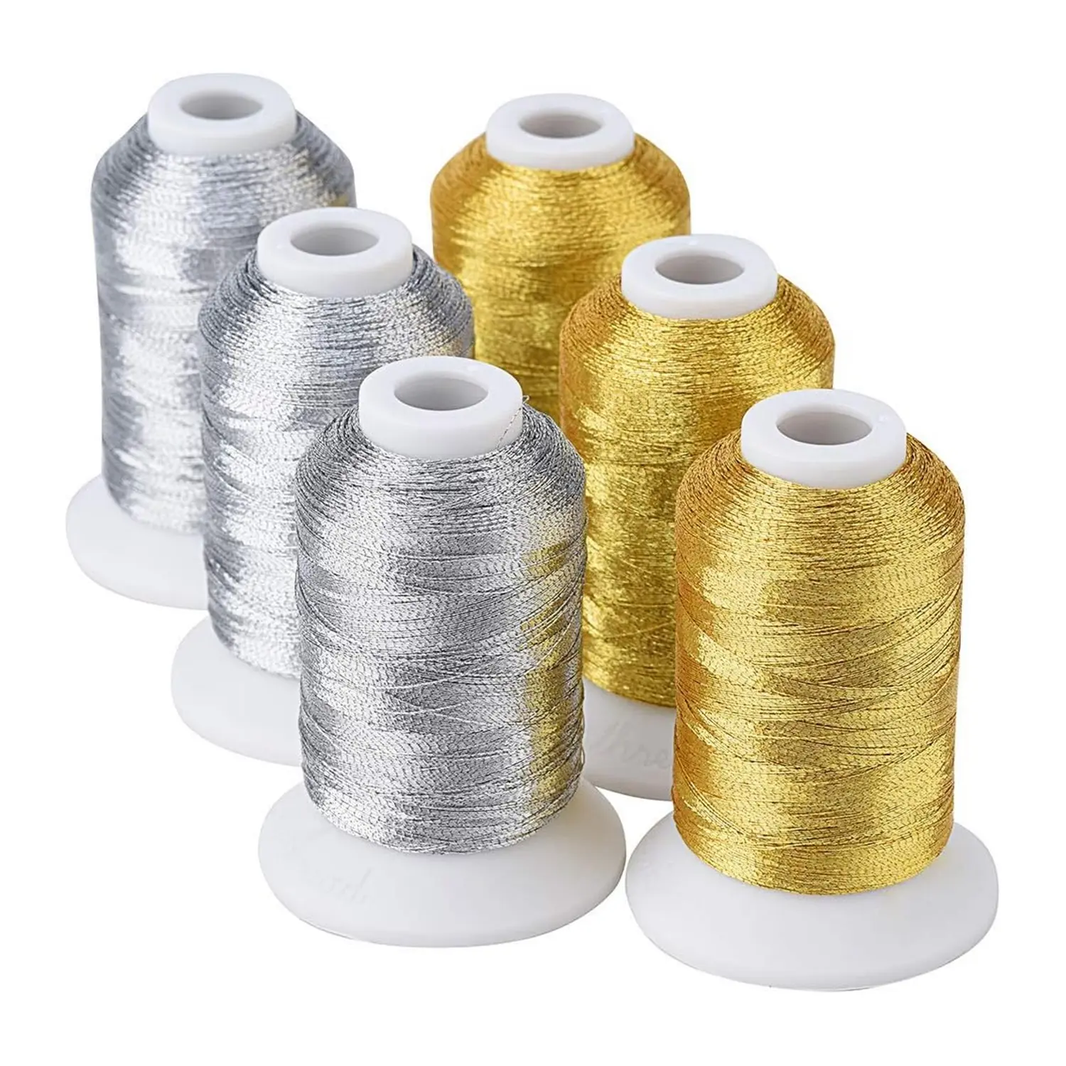Simthread Eco-Friendly Shiny Metallic Look Embroidery Sewing Threads for Sewing Machine - 6 Spools (3 Gold & 3 Silver, 40 Weight, 550 yd Each, Viscose Core, Skin-Safe) for DIY Needlework Decoration