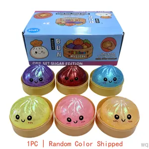 Kawaii Glitter dumpling Squishy Bun Stress Relief Toy, Soft TPR Squeeze Fidget Toy, Steamer Box Packaging, Random Color, Cute Anxiety Relief Toy, Birthday Gift for Anime Lovers