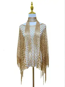 MooMoo Women's Solid Color Mesh Fringe Shawl & Scarf Set Casual Fashionable Cape for Daily Wear Beach Vacation Summer Travel Festival Cover Up Tassel Decor Sheer Top