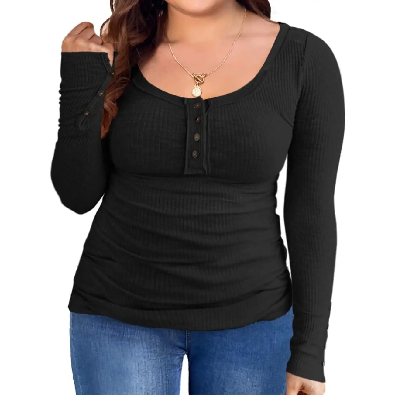 Women’s Plus Size Long Sleeve Henley Knit Tunic Blouse - Ribbed Stretchy Fabric, Casual Basic Tops, Curvy Style, Loose Fit, Scoop Neck, Button-Down Knitwear for Curvy Women