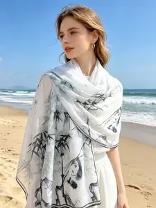 Fashion Long Bamboo Print Scarf, Lightweight Breathable Shawl for Outdoor Sun Protection, Essential Beach Travel Accessory