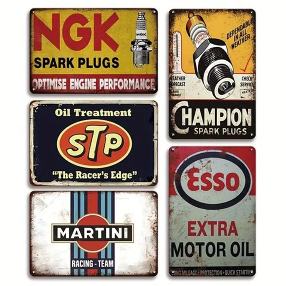 Vintage Metal Tin Signs Retro Garage Signs Decorative Plaque, 5 Pcs Wall Decorations for Men, Home Decoration, Old Car Shop and Oil Station Decor, 8×12 Inch Size, Home Decor Products