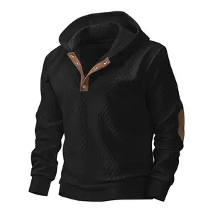 Men's V-Neck Long-Sleeve Pullover Hoodie with Buttoned Closure, Casual Stylish Menswear Tops Sweatshirts, Regular Fit for Daily Commuting, Indoor Use
