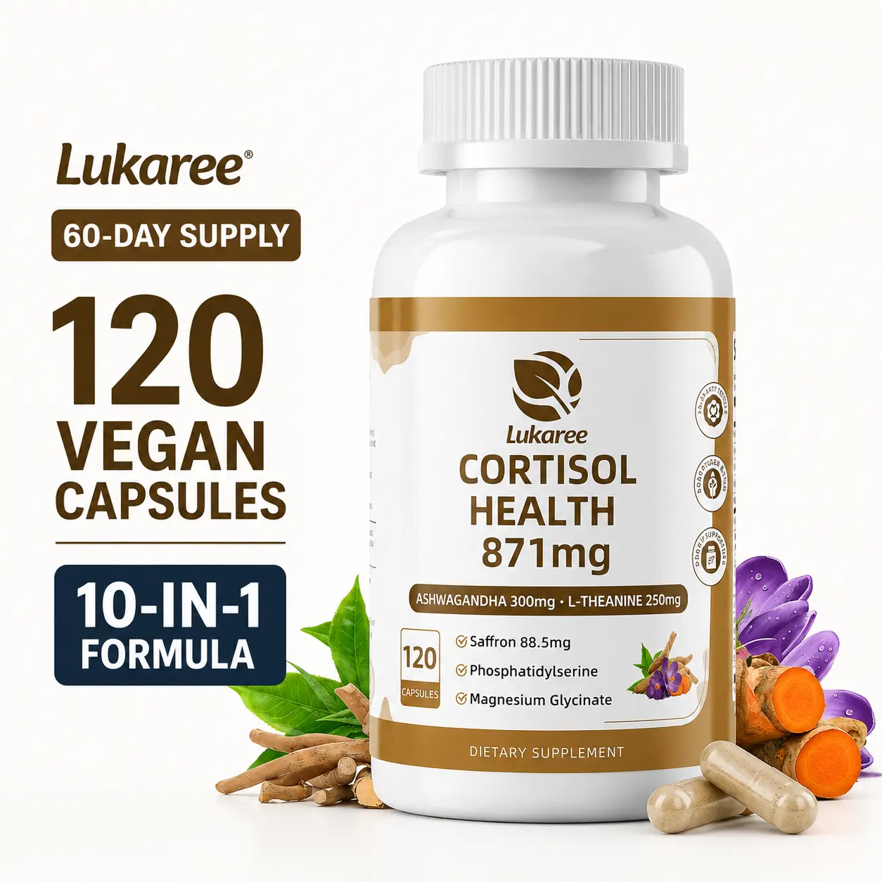 Lukaree 10-in-1 Cortisol Supplement with Magnesium Glycinate, Ashwagandha, Chamomile, L-Theanine, Phosphatidylserine & Rhodiola, Daily Stress Support for Women & Men, 120 Vegan Capsules, 60-Day Supply