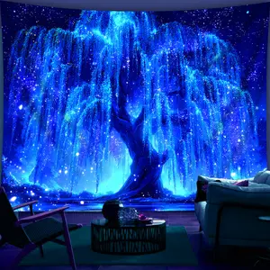 Glowing Starry Night Tree Tapestry  Fluorescent Printed Banner, Polyester Fabric Wall Hanging for Bedroom, Office, Living Room Decor, No Installation Required, Indoor Use, Bedroom Wall Decor |   Mystical Atmosphere |   Vibrant Print, Moon Deco 60X40