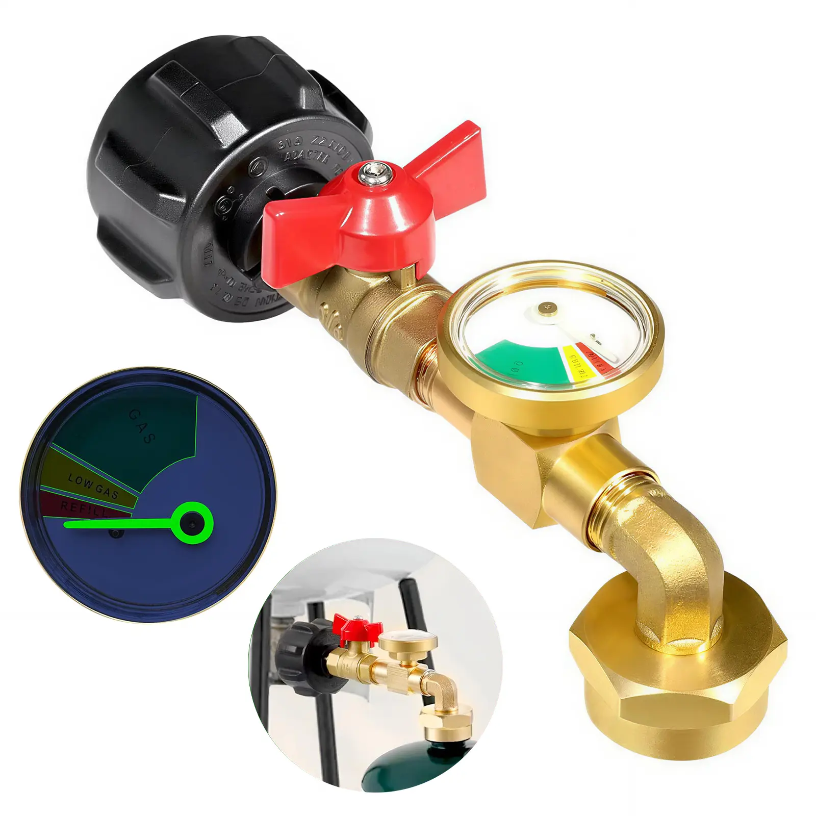 Universal Color-Coded Propane Tank Gauge Kit with Built-In Safety Valve Control, QCC1 Type 1 Converter, 20lb-to-1lb Refill Adapter, 90° Elbow Brass Component for BBQ Grilling, Camping Stoves, Accurate Efficient Gas Monitoring, Space-Saving Design