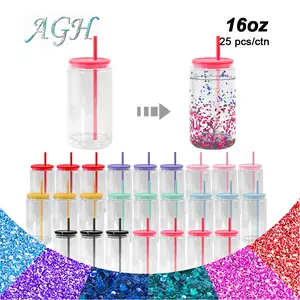 AGH 15/25pcs 16 oz Snow Globe Glass Tumbler Sublimation Double Wall Glitter Cups with Lid Reusable Gift Cold Coffee Mugs Can Drinkware Insulated