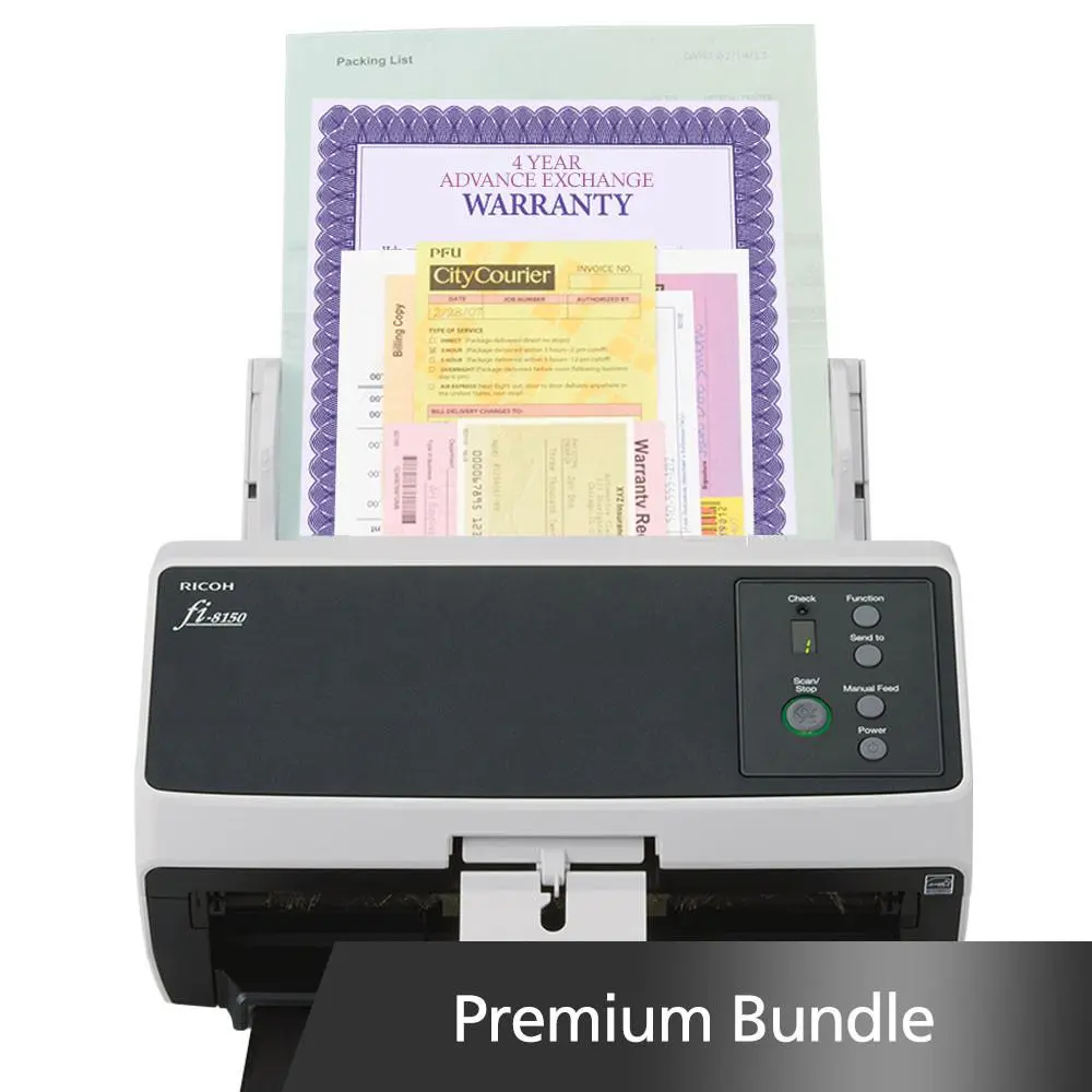 Ricoh fi-8150 Sheetfed Scanner Premium Bundle - 5-Year Advance Exchange Warranty, Image Scan Capability, Unparalleled Productivity, High-Quality Digital Images, Industry-Leading Reliability, Light Workflows for Small Orgs, Patented Feeding Technologies
