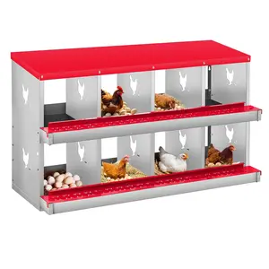 Chicken Nesting Box, 8 Room Galvanized Steel Laying Boxes, Metal Nesting Boxes for Hens with 10 Pads & 4 Fake Eggs, Easy Egg Collection, Vented Holes Poultry Nest for Chicken Coop, Red