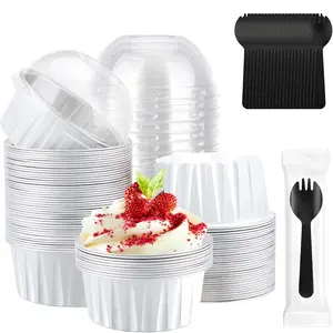 Disposable Ramekins with Sporks Individually Wrapped, 60pcs Mini Cake Pans with Lids and Plastic Sporks, Foil Creme Brulee Cupcake Ramekins Muffin Liners Baking Cups for Wedding Party Favor