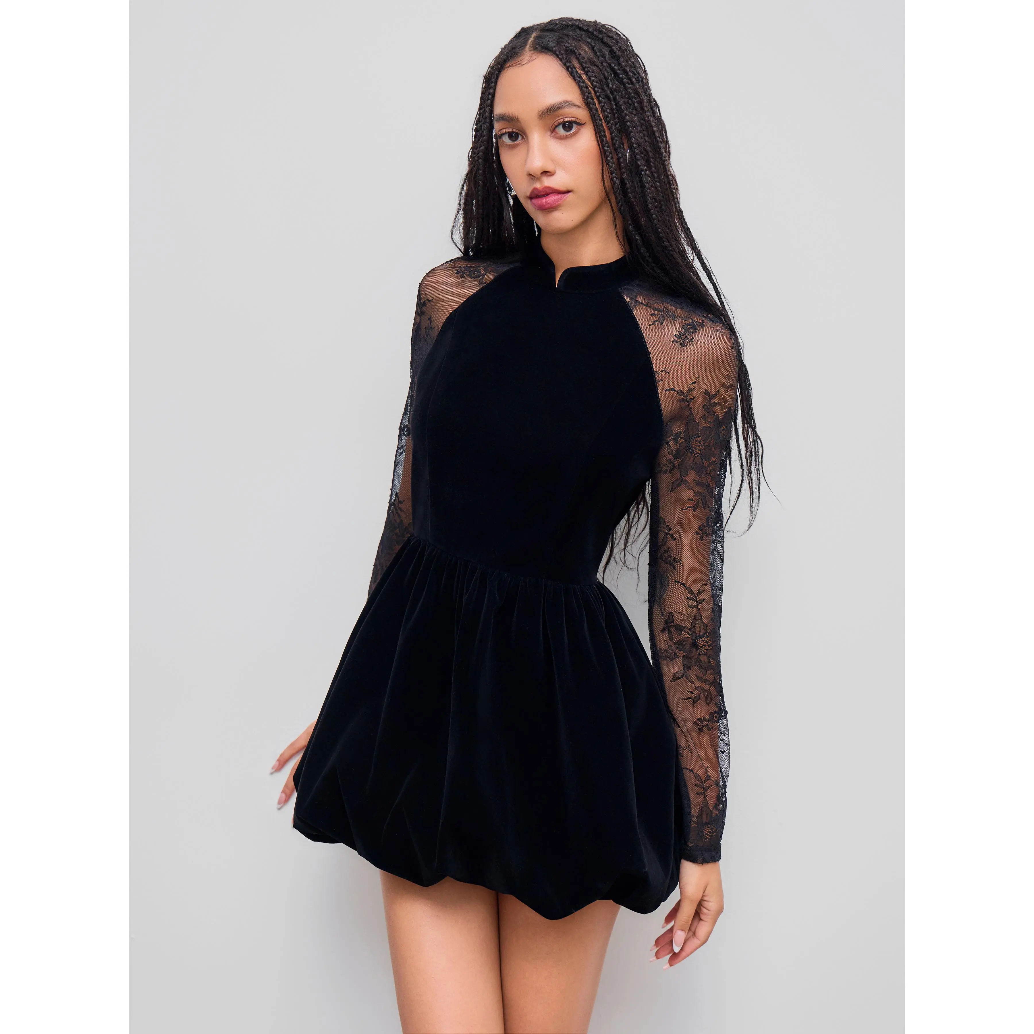 Cider Velvet Mandarin Collar Bubble Hem Lace Mini Dress SohoChic