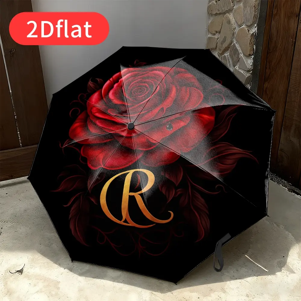 Premium Automatic Open/Close Folding Umbrella – Red Rose Floral Design on Black Background, Elegant for Women's Daily and Formal Use, Ideal Gift Choice – Model Y69 with Umbrella Stand, Durable Canopy, Outdoor Accessory,