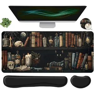 Vintage Goth Bookcase & Cat Pattern Mouse Pad Set, Mouse Pad & Keyboard Wrist Rest & Coaster, Ergonomic Wrist Support, Computer Mat, Suitable for Home Office Gaming