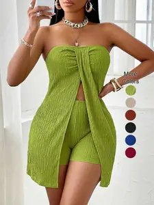 Women's Plain Ruched Split Hem Plicated Tube Top & Elastic Waist Shorts Two-Piece Set, Casual Fashion Cozy Two Piece Outfits for Daily Wear, Ladies Summer Clothes