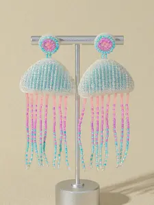 Handmade Multicolor Beaded Jellyfish Drop Earrings, Boho Ocean Statement Earrings with Tassel Tentacles for Women, Lightweight Design, Perfect for Beach Vacations, Festivals, Parties & Daily Wear, Trendy Summer Vacation Jewelry