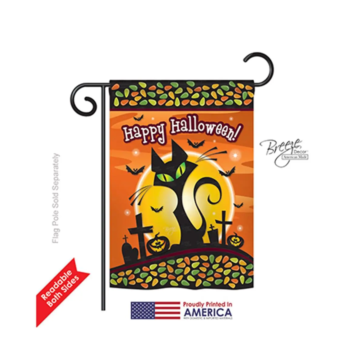 Breeze Decor 62050 Halloween Black Cat Outdoor Polyester Garden Flag - 13x18.5 in, Double-Sided Original Artwork, Pole Mount Compatible, 18.5" H X 13" W X 0.2" L