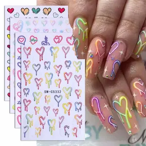 4 Pcs Neon Heart Transferable Nail Art Stickers, Colorful Gradient Love Design, Valentine's Day Nail Decals, Suitable for Women and Girls