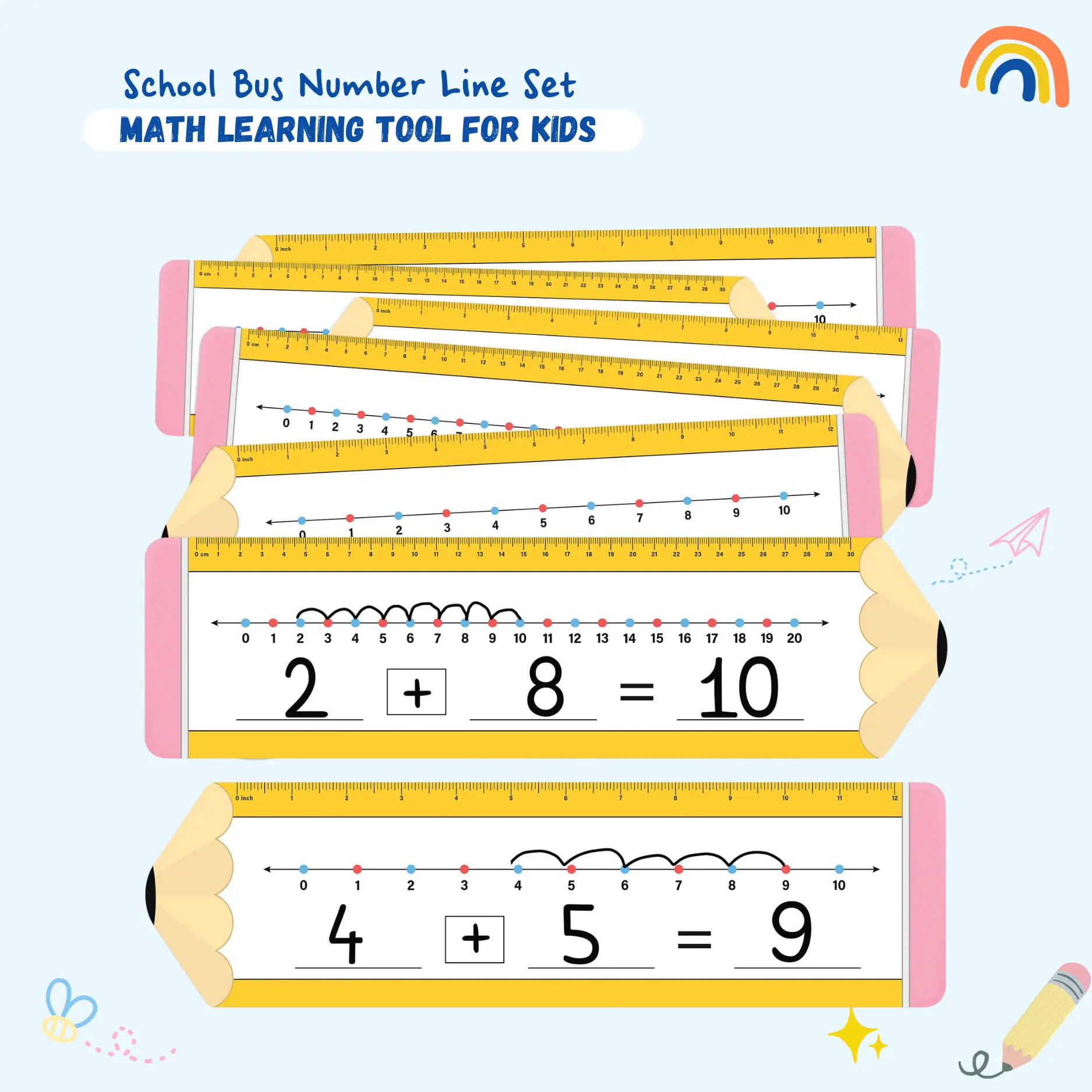 26 Pack Pencil Shape Number Line Dry Erase Boards Cards, 14"x4", Double-Sided, 0-10 on One Side & 0-20 on Other Side, Math Manipulatives for Student, Education Classroom Must Haves