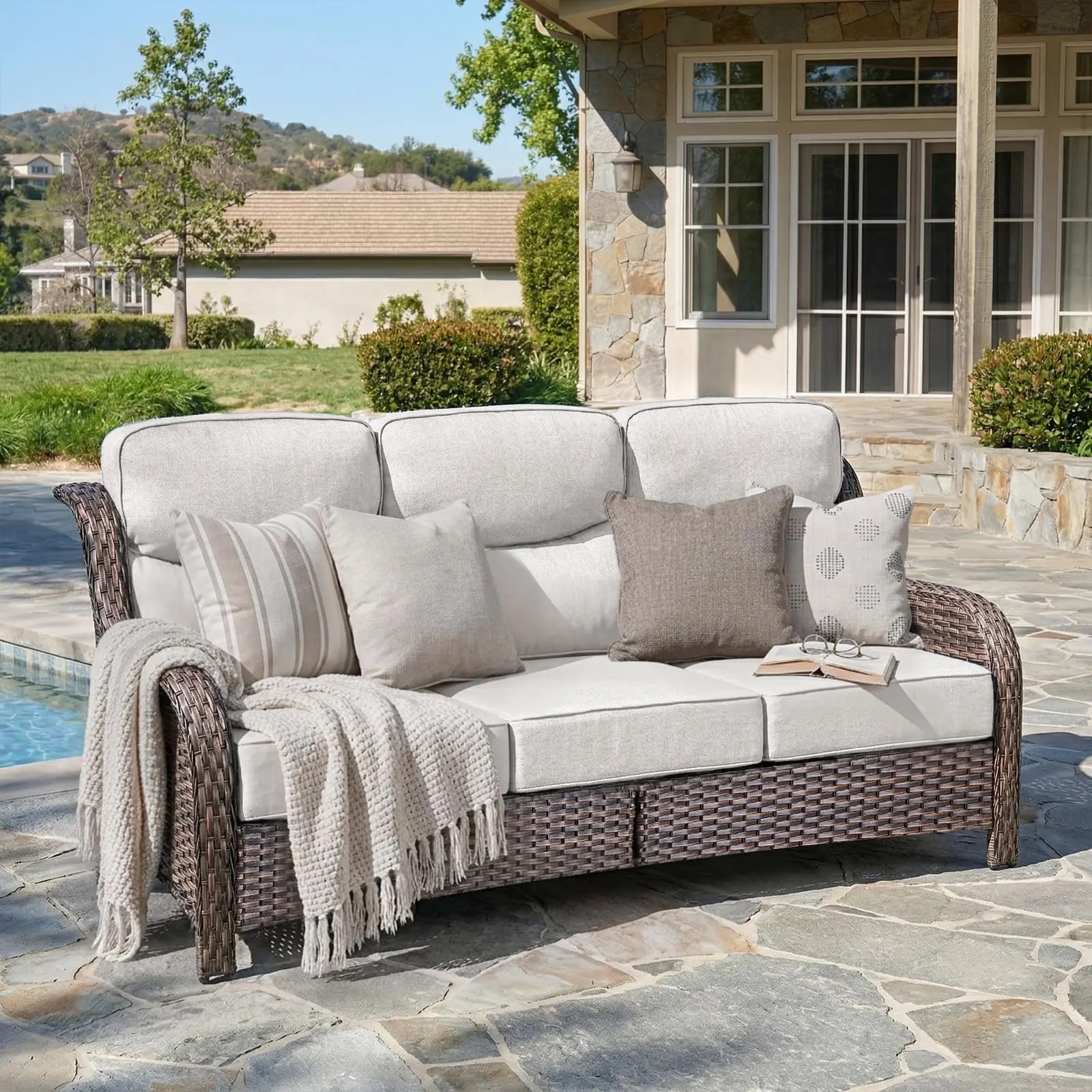 Belord Oversized 3-Seater Wicker Sofa, High Back & 6" Cushions, Outdoor Sectional Sofa, Outdoor Sofa, Outdoor Furniture, Outdoor Patio Wicker, Backyard Decor, NT Series