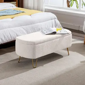 VJIAIEO Ivory White Storage Ottoman Bench for End of Bed Gold Legs, Modern Ivory White Faux Fur Entryway Bench Upholstered Padded with Storage for Living Room Bedroom