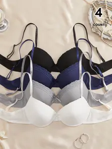 Women's Ribbed Lace Trim Push Up Bra, 4-Pack Comfortable Underwire Everyday T-Shirt Bras, Fitted Design for All Seasons